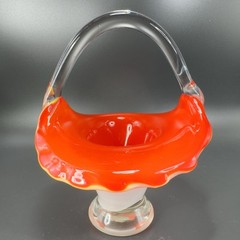 Vintage 1980s Venetian Art Glass Basket Bowl With Handle Red White Art Glass VTG