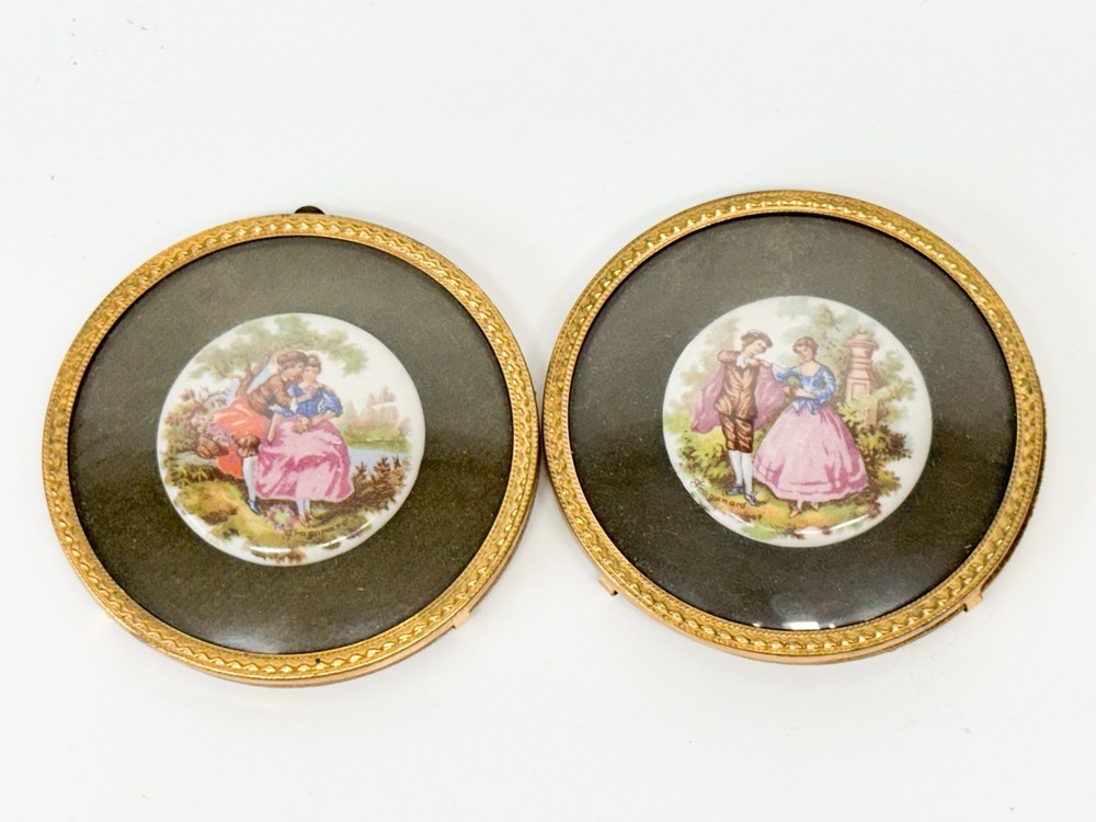 Victorian Signed Fragonard Framed Porcelain Rounds Antique Art Couple Love