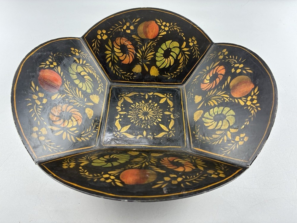 Vintage Metal Stenciled Tole Painted Bread Bowl 11″ x 11″ x 3″ High ~ Colorful