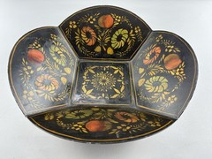 Vintage Metal Stenciled Tole Painted Bread Bowl 11″ x 11″ x 3″ High ~ Colorful