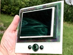Modernist Art Glass Jackie Russo Iridescent Rainbow Green Glass Wall Art RARE