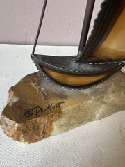 Vintage Signed John DeMott 15” Brass Sailboat Sculpture on Quartz/Onyx Base