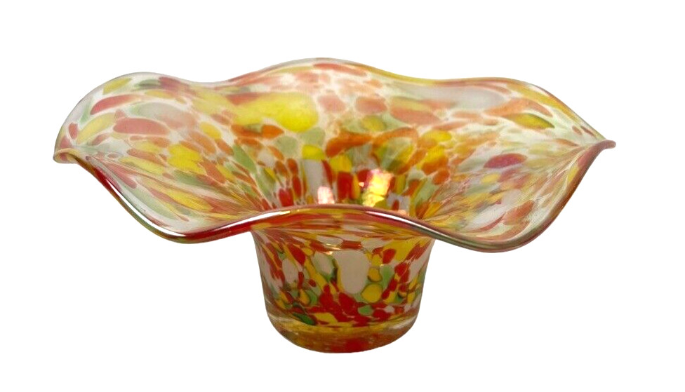 Stunning Hand Blown Art Glass Design Ruffle Bowl Confetti Orange/Green/Yellow
