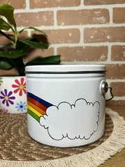 Vintage Rare Deco Metal Empty Tin Rainbow Sun Face Clouds Large With Handle