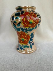 Art Deco Lusterware Vase Hand Painted Flowers Blue & Orange 8″ x 6″