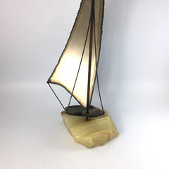 Vintage Sailboat Sculpture Silver Tone Metal Onyx Signed John DeMott 15″ H