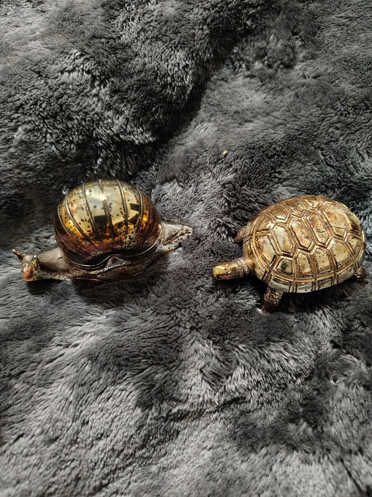 Pair Of Turtle & Snail Salt Cellar Trinket Box Pill Box With Plastic Insert