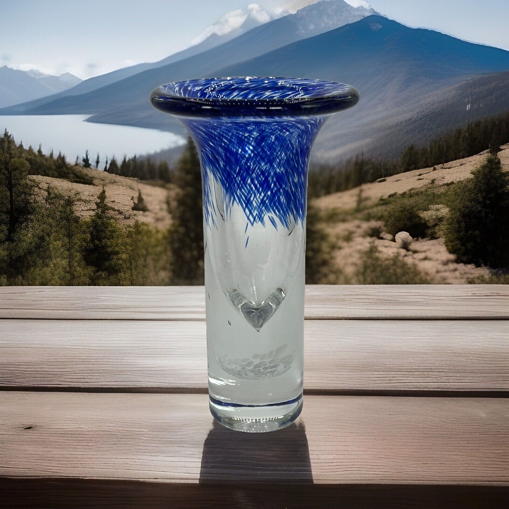 1980s Polish Art Glass Vase White Cobalt Blue Spots Vase Made In Poland Vintage