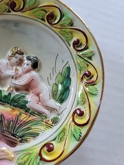 Antique SUNRISE ITALY Cherub Putti Porcelain Hand Painted Relief Trinket Dish 3D