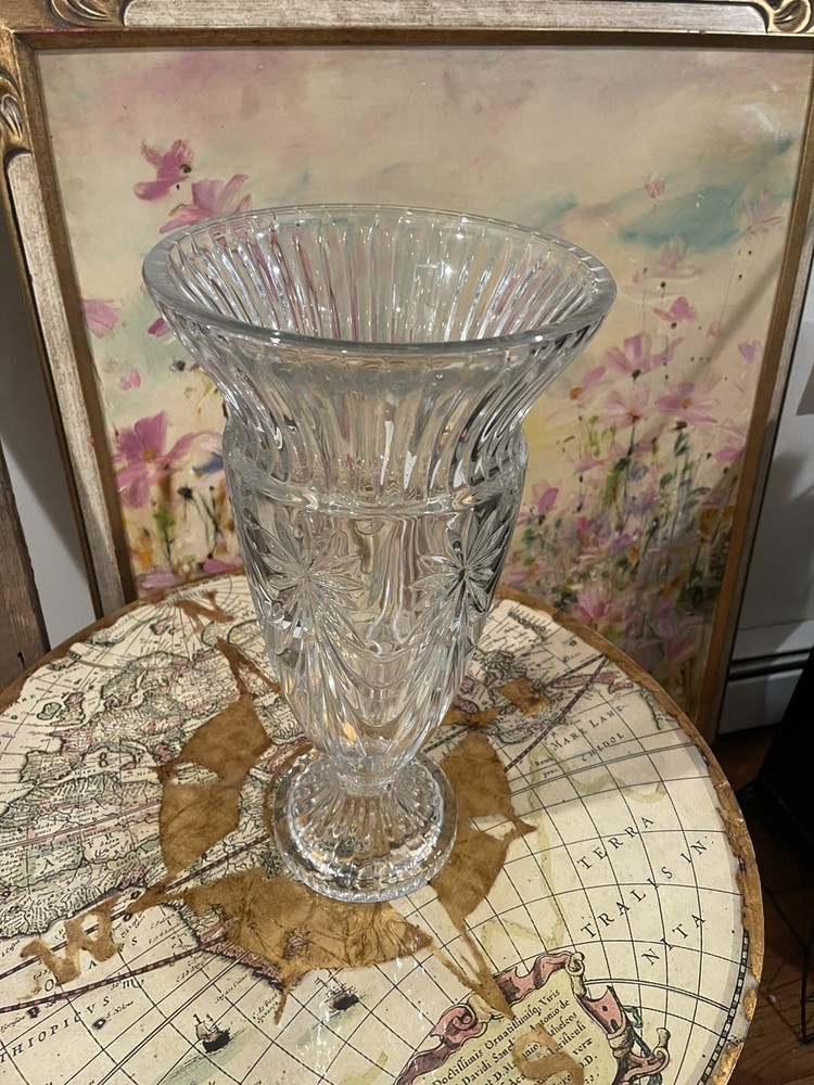 Shannon 70’s 16″T 13+lbs CRYSTAL CUT GLASS Footed Vase COLORS/OF/RAINBOW Vintage