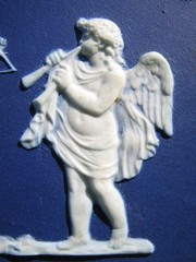 WEDGWOOD LIKE RARE DARK BLUE DIP PLAQUE OF CUPIDS & BOY TAMBORINE, GIRL TRIANGLE