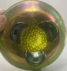 Stag Holly Green Carnival Glass 3 Footed Bowl Beaded Edge Amethyst Irridescence