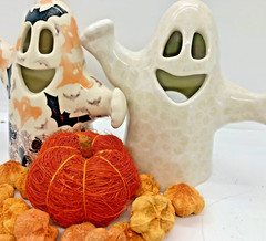 2 Polish Pottery Ceramic Ghost Lantern Figurines White Lace and BOO