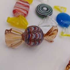 6 Hand Blown Art Glass Candy Pieces Striped MCM Grandma Murano Style Colorful