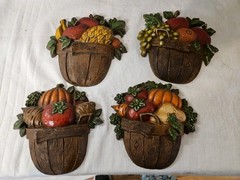 Set Of 4 Vintage Sexton 1978 Metal Wall Plaque Art Vegetables/Fruits n Baskets