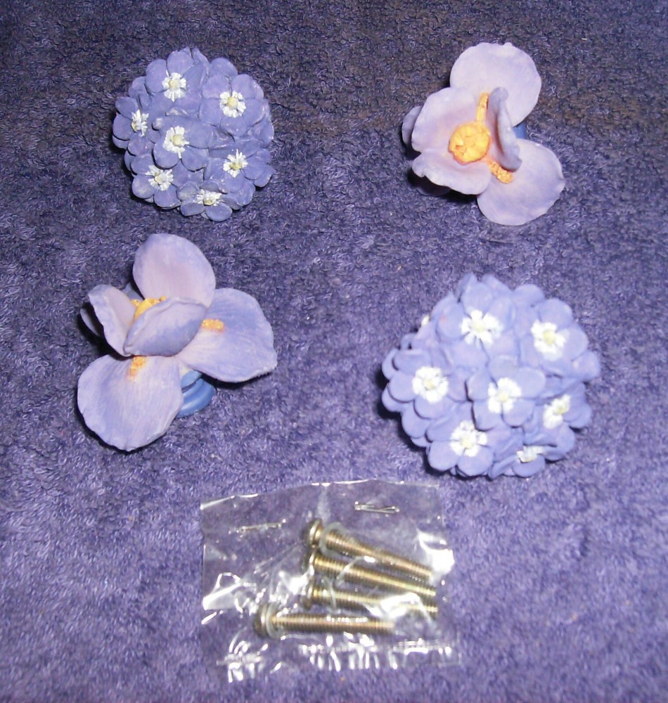 NEW PURPLE FLORAL CERAMIC 4 PC DRAWER PULLS WITH HARDWARE KNOBS MADE IN USA