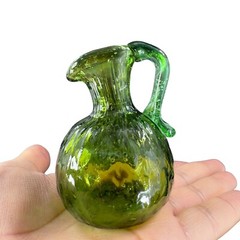Hand Made Art Glass Green Optic Jug Miniature Pitcher Hand Blown Glass Decor VTG