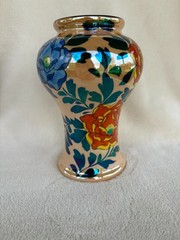 Art Deco Lusterware Vase Hand Painted Flowers Blue & Orange 8″ x 6″