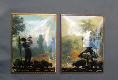Antique silhouette Reverse Painted convex glass 6”x8” Shepherd Boy Trumpet Sheep