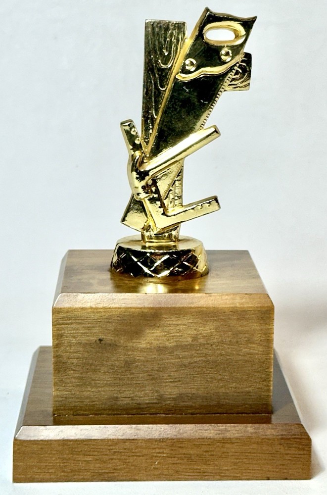 Vintage Gold Tone Metal Carpenter Woodworker Award Trophy Walnut Wood Base 6.5”