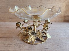 Flamingo Crystal Pedestal Bowl Dish 24KT Gold Gilt Holland Vintage Tole Roses