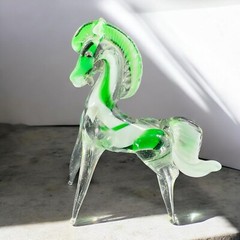 Hand Blown Art Glass Horse Figurine Paperweight Hand Made Glass Green White VTG
