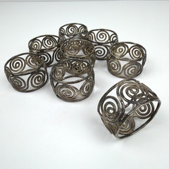 Set of 8 Vintage Silver Tone Napkin Rings Modernist Scroll Swirl Design