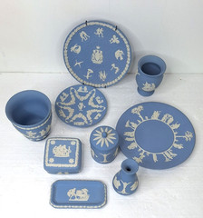 Wedgwood Assorted Lot Of 9 Pieces Blue Jasperware Montreal Olympics Plate, Vase