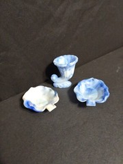 VINTAGE 3 AKRO AGATE Blue Slag Glass Leaf, Shell & Corncopia Shape