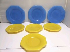 AKRO AGATE 8 PC plate lot OCTAGON GLASS Vintage Slag Glass Plates Blue & Yellow