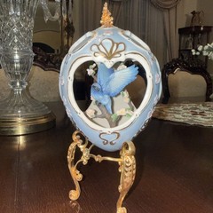 FABERGE Blue Bird Sparrow Three Dimensional Silhouette Egg GOLD STAND Porcelain