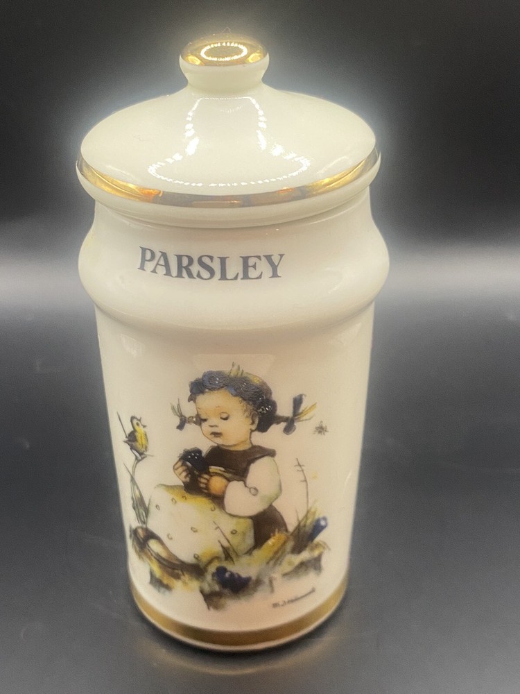 M J Hummel Porcelain Kitchen Spice Jar 24kt Gold Trim PARSLEY vintage 1987