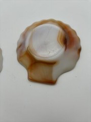 2 Akro Agate Clam Shell Brown & Opaque White Swirl Glass Trinket Dish Ashtray