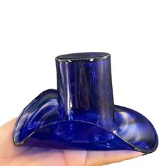 1980s Art Glass Hat Shaped Dish Bowl Clear Cobalt Blue Swirls Folded Edges VTG