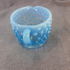 Fenton Hobnail Opalescent Cream Sugar + Akro Agate Blue Milkglass Vtg Lot Of 3