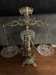 Vintage Ornate Brass-Tone Balance Scales Of Justice Faux Crystal Prisms, 18”