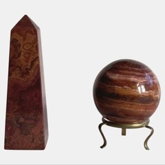 Vintage Polished Red Jasper Obelisk and Sphere on Stand