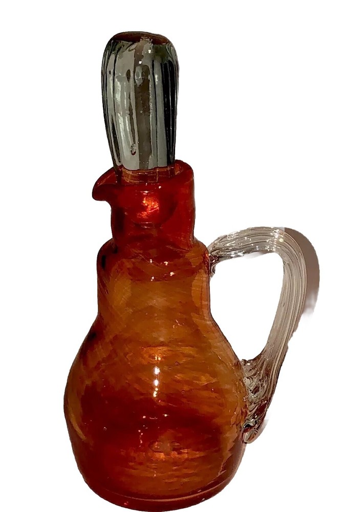 Vintage Glass Cruet Bottle W/ Stopper MCM Orange Pretty Empoli Fun