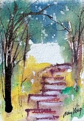 Watercolor ACEO Original Painting by Mary King – Ancient Staircase