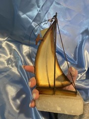 Vintage DeMott Signed Brass Sailboat Rock Quartz Base Nautical Boat Sculpture