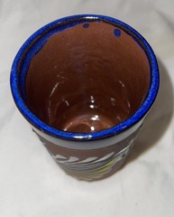 Mexican Folk Art Terra Cotta Pottery Tumbler Cup Vase Raised Design Hand Painted