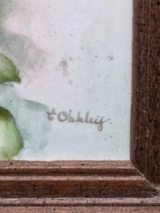 Vintage E. Oakley Signed Framed Hand Painted Ceramic Tile Soft Pastel Roses