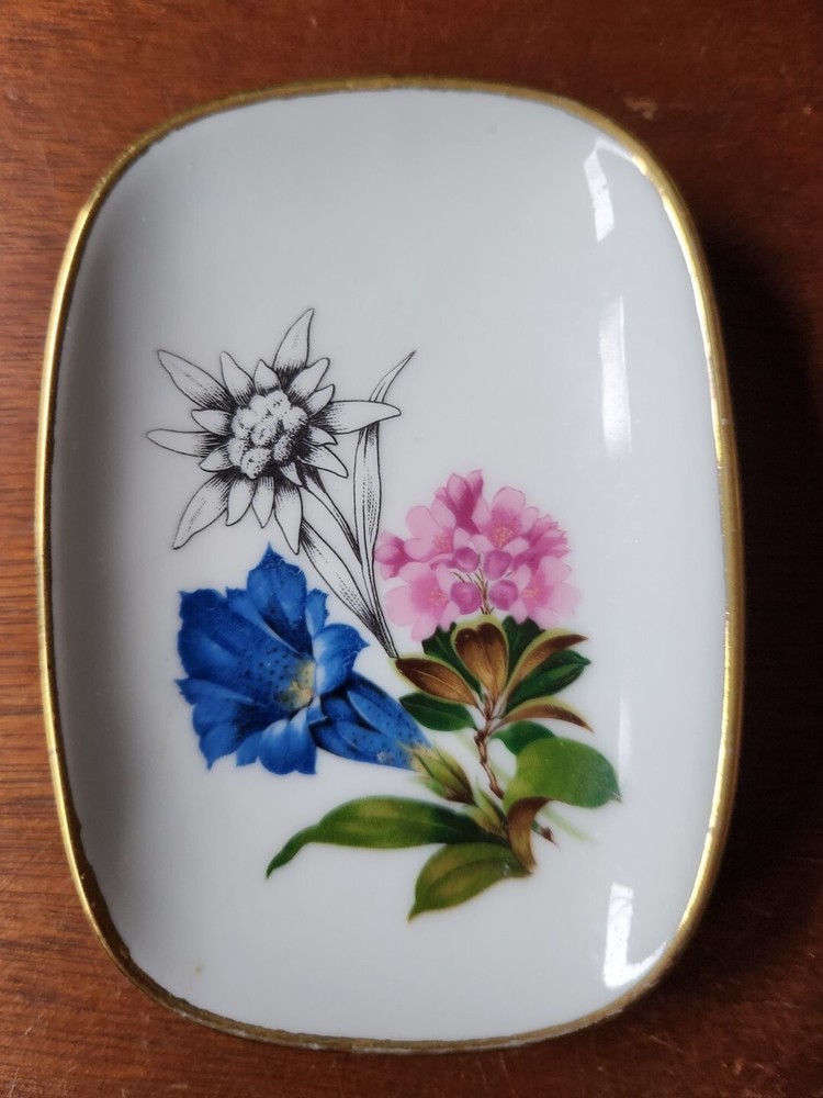 White/Floral Gold Rim TRINKET DISH/Switzerland 4″x2.75″