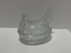 Vintage Hen on a Nest Covered Candy Dish Clear Glass Woven Basket Heavy 8” x 7”