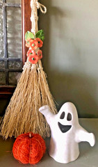2 Polish Pottery Ceramic Ghost Lantern Figurines White Lace and BOO