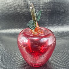 Hand Blown Large Red Apple Fruit With Leafs Hand Made Art Glass Figurine Decor