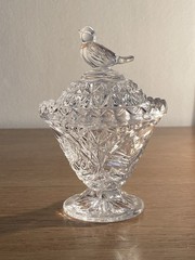 Vtg Hofbauer Byrdes Lead Crystal Glass Jam Trinket Vanity Compote Dish Bird Lid