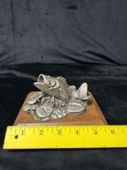 Pewter Open Mouth Bass & Lily Pad On Wooden Base