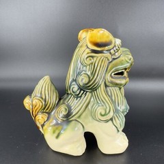 Vintage 1980s Ceramic Majolica Green Foo Dogs Set 2 Shishi Lions Good Luck vtg