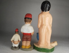 Rare Lot of 3 Polychrome Pottery Caganers using the bathroom some Signed dated
